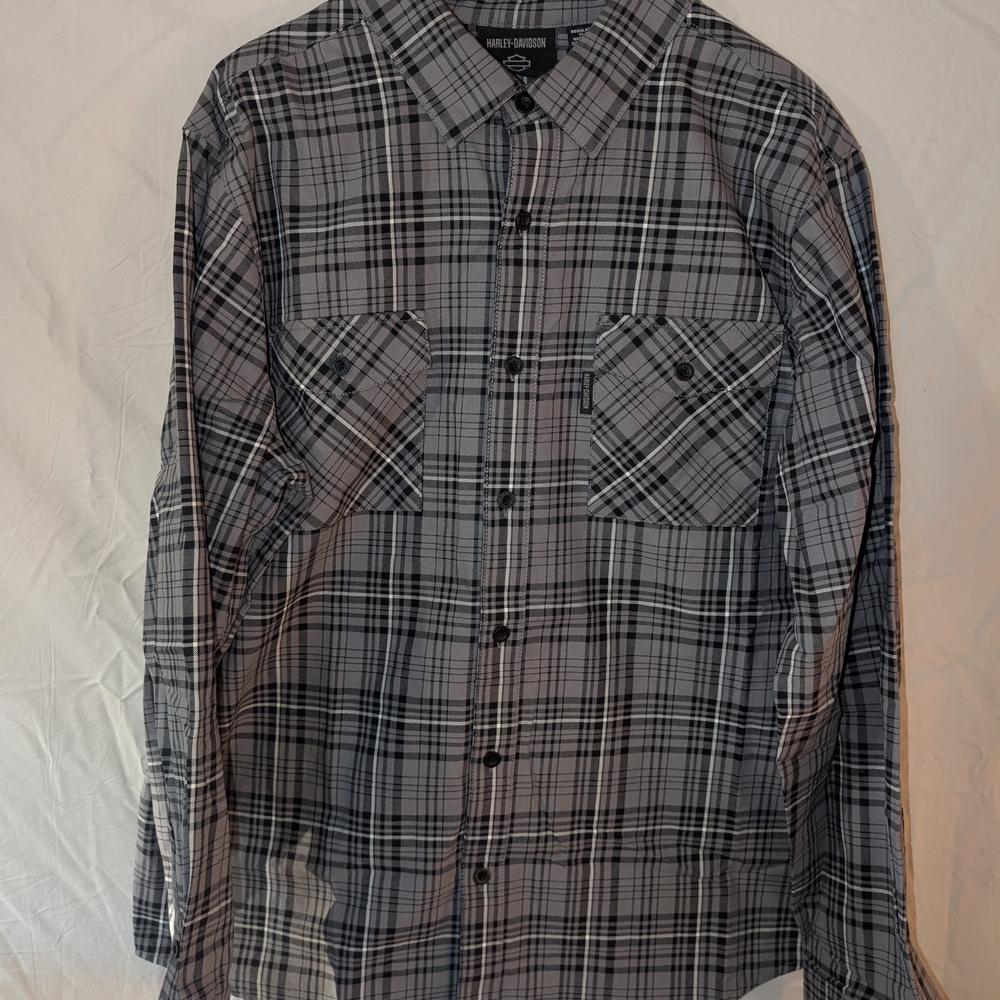 Harley Davidson Black and Gray Plaid Button Down Shirt